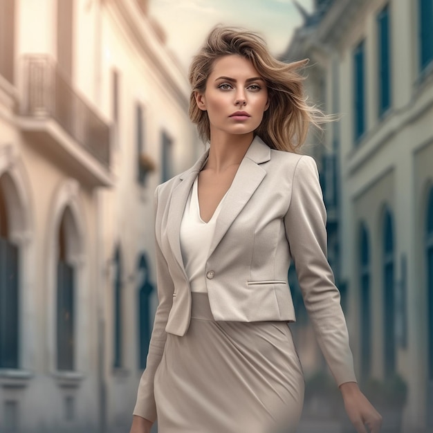 A woman in a white suit walks down a street with a building in the background.