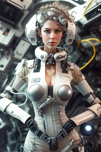 A woman in a white suit with a white suit and a white helmet with the word cyberpunk on it.