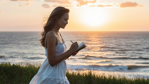 Woman in white summer dress walking by the sea on sunrise with diary book in romantic mood thinking