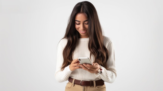 a woman in a white sweater is smiling while looking at her smartphone