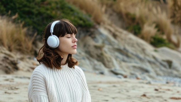 A woman in a white sweater and jeans meditates in the lotus position on a beach wearing white headphones Her eyes are closed and her serene expression suggests deep relaxation or music enjoyment