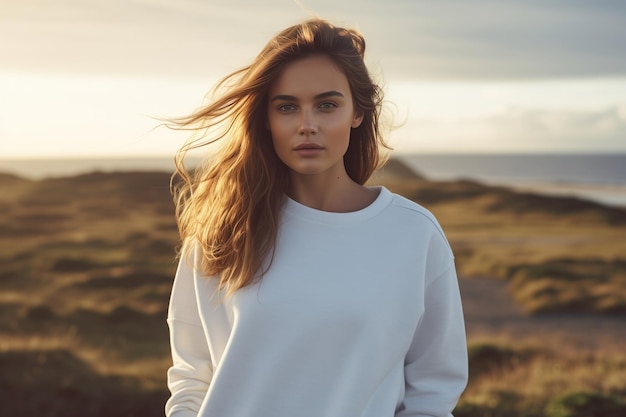 Photo a woman in a white sweater outdoors sweater mockup