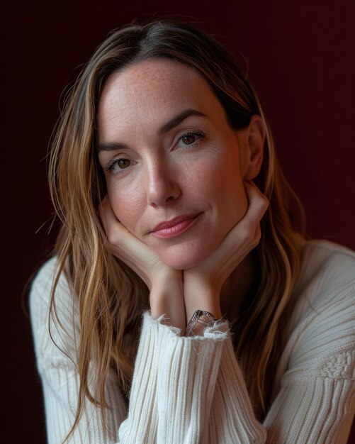 A woman in a white sweater posing for the camera