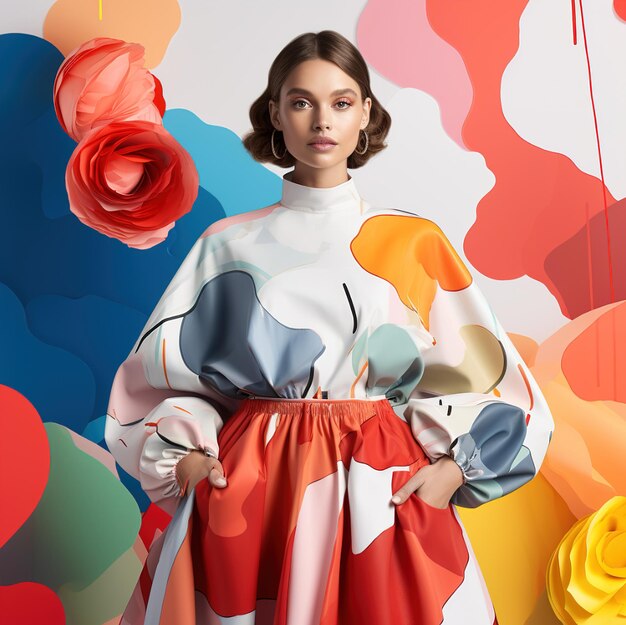 A woman in a white sweater and red skirt stands in front of a colorful wall with colorful balloons