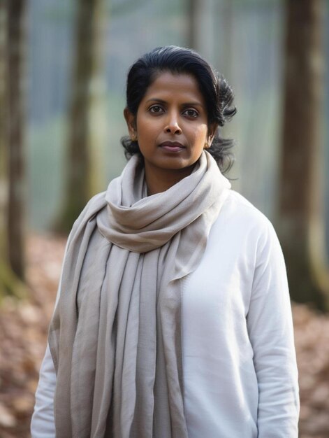 Foto una donna con un maglione bianco in piedi in una foresta