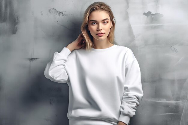 A woman in a white sweater stands in front of a gray wall.