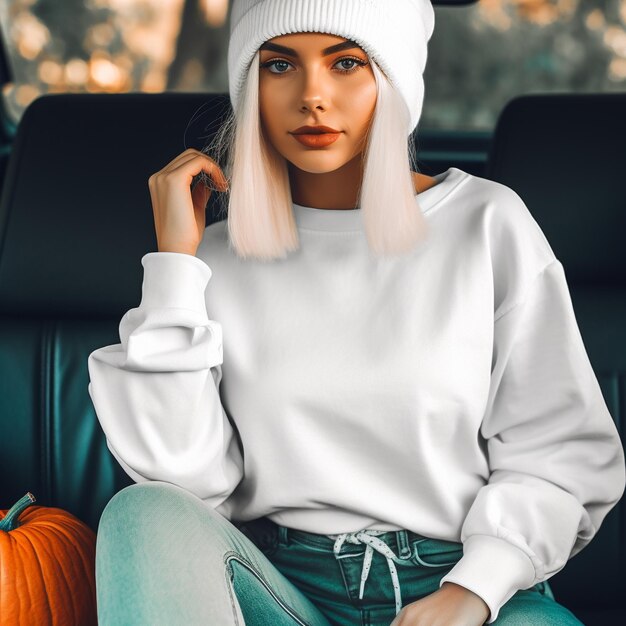 a woman in a white sweater and a white sweater sits in a car.