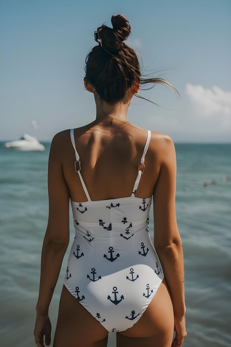 Photo a woman in a white swimsuit stands on the beach looking out to the ocean