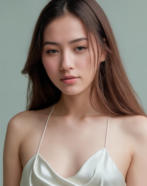 A woman in a white swimsuit with a blue background