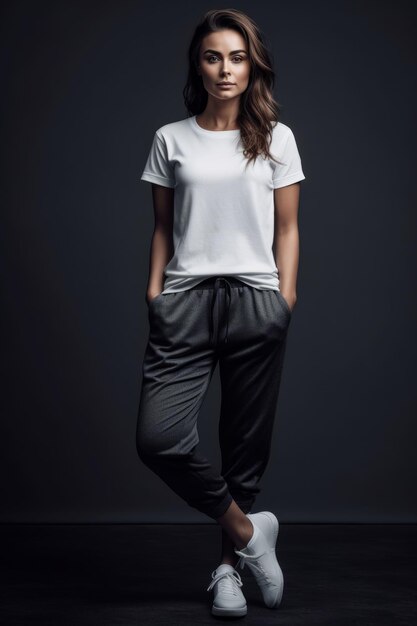 A woman in a white t - shirt and black pants stands against a dark background.