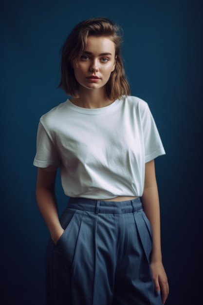 A woman in a white t - shirt and blue pants stands in front of a blue background