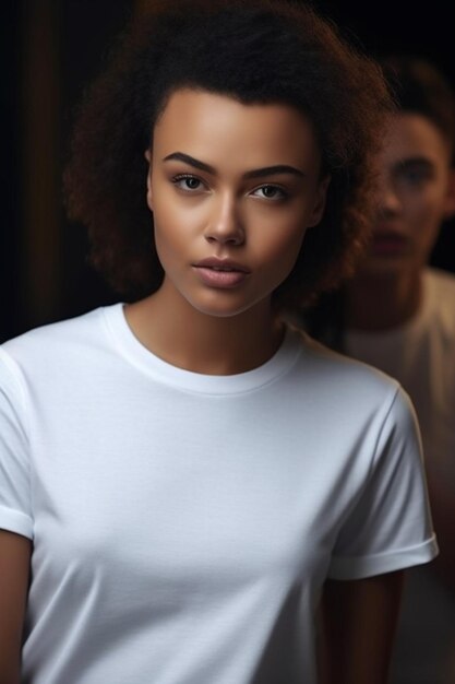 A woman in a white t - shirt is looking at the camera and the girl is wearing a white t - shirt.