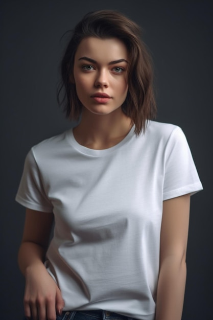 A woman in a white t - shirt is posing for a photo.