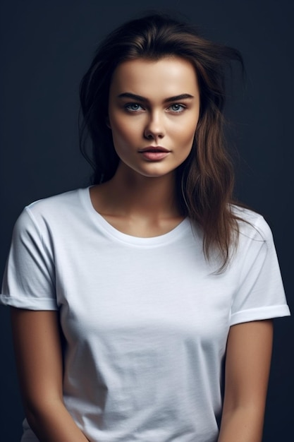 A woman in a white t - shirt is posing for a photo.