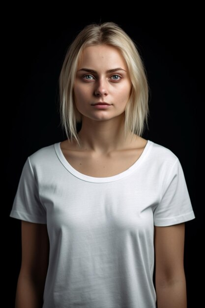 A woman in a white t - shirt is standing against a black background.