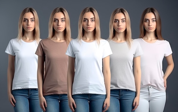 A woman in a white t - shirt is standing in a row, the other woman is wearing a white t - shirt.