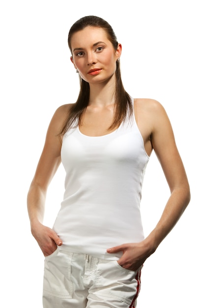 woman in white T-shirt isolated