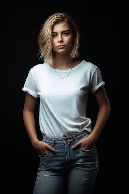 Photo a woman in a white t - shirt and jeans stands in a black background.