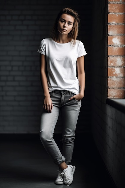 A woman in a white t - shirt and jeans stands in front of a brick wall.