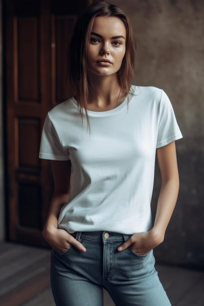 A woman in a white t - shirt and jeans stands in front of a door