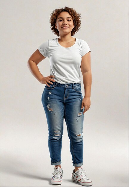 Photo a woman in a white t shirt and jeans