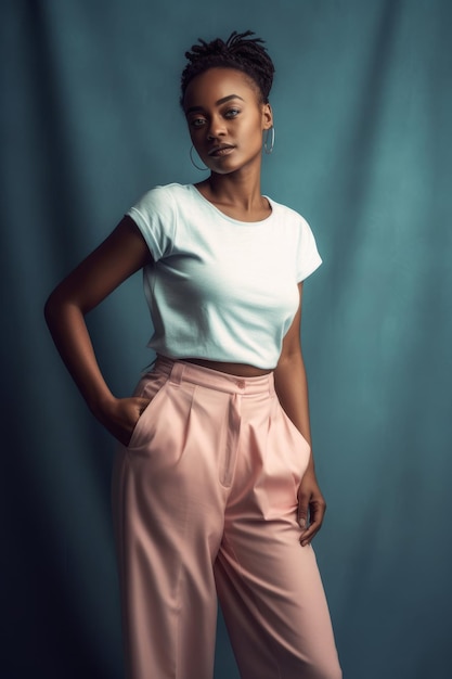 A woman in a white t - shirt and pink pants stands against a blue wall.