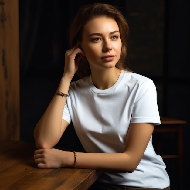 A woman in a white t - shirt sits at a table