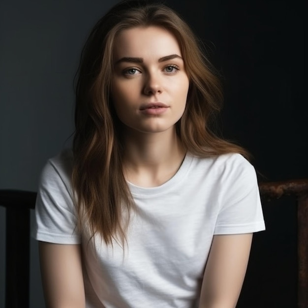 A woman in a white t - shirt sits on a wooden chair