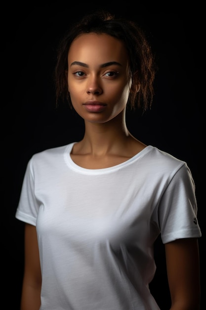 A woman in a white t - shirt stands against a black background.