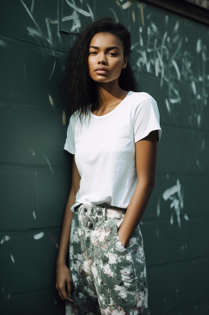 A woman in a white t - shirt stands against a wall wearing a white t - shirt that says'i love you '