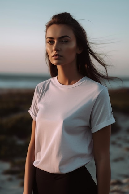 A woman in a white t - shirt stands on a beach