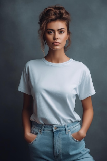 A woman in a white t - shirt stands in a dark room with her hands in her pockets.