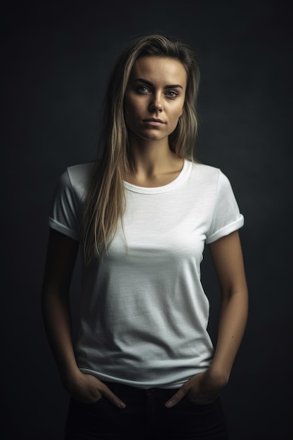 A woman in a white t - shirt stands in a dark room.