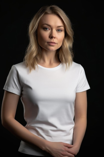 A woman in a white t - shirt stands in front of a black background.