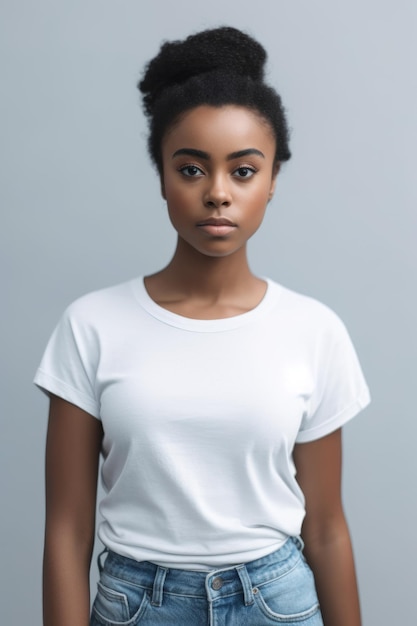 A woman in a white t - shirt stands in front of a gray background