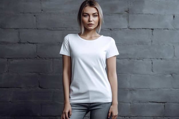 白いTシャツを着た女性が灰色の壁の前に立っています。