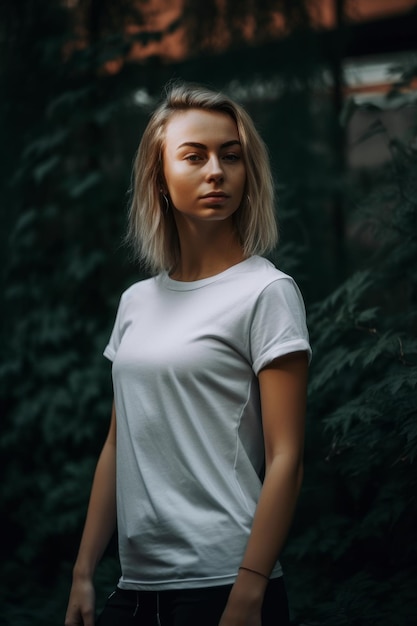 A woman in a white t - shirt stands in front of a green background.