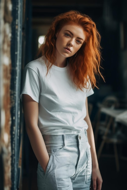 A woman in a white t - shirt stands in front of a wall