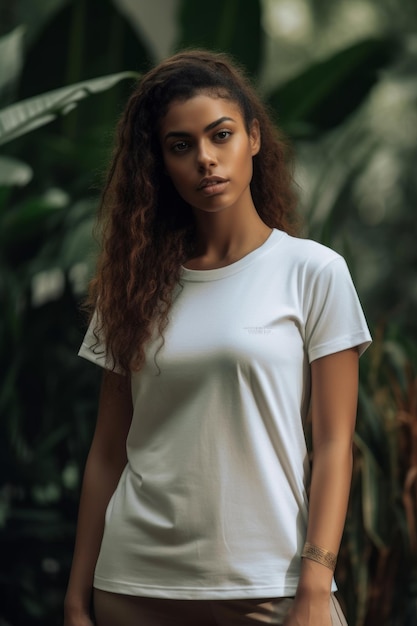 A woman in a white t - shirt stands in a jungle.