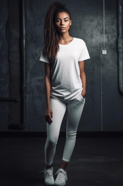 A woman in a white t - shirt and white leggings stands in a dark room.