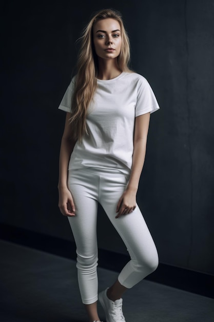 A woman in a white t - shirt and white pants stands in front of a black wall.