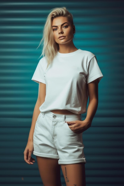 A woman in a white t - shirt and white shorts stands in front of a blue wall.