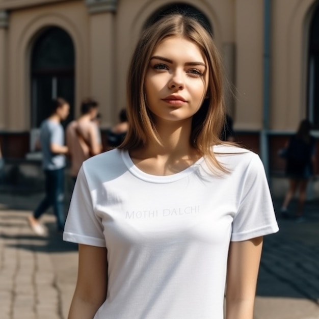 A woman in a white t - shirt with the word'dr who'on it