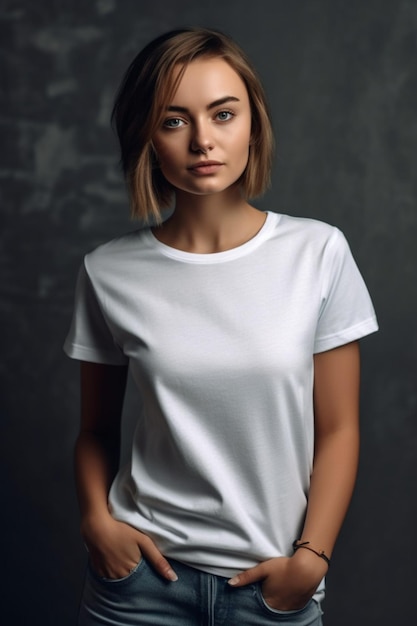 A woman in a white t - shirt with the word love on it