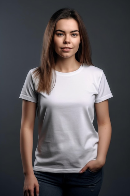 A woman in a white t - shirt with the word t - shirt on it