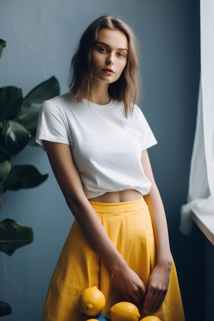 A woman in a white t - shirt and a yellow skirt stands in front of a window.