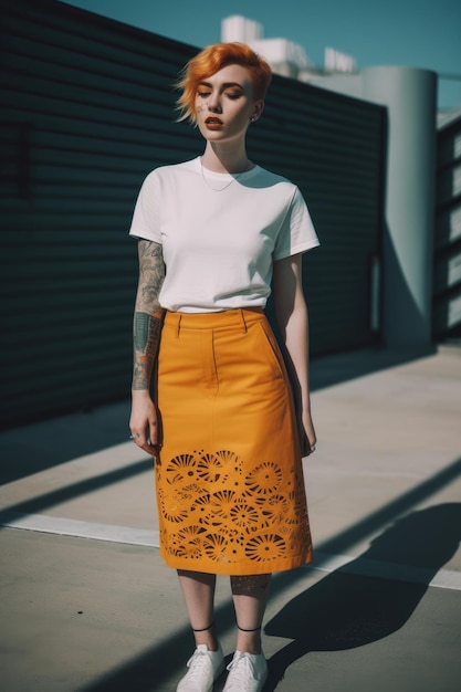 A woman in a white t - shirt and a yellow skirt