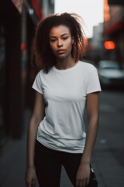 A woman in a white t shirt