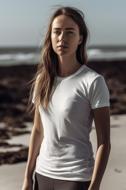 A woman in a white t shirt