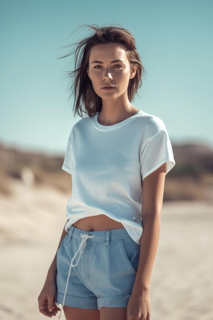 A woman in a white t shirt